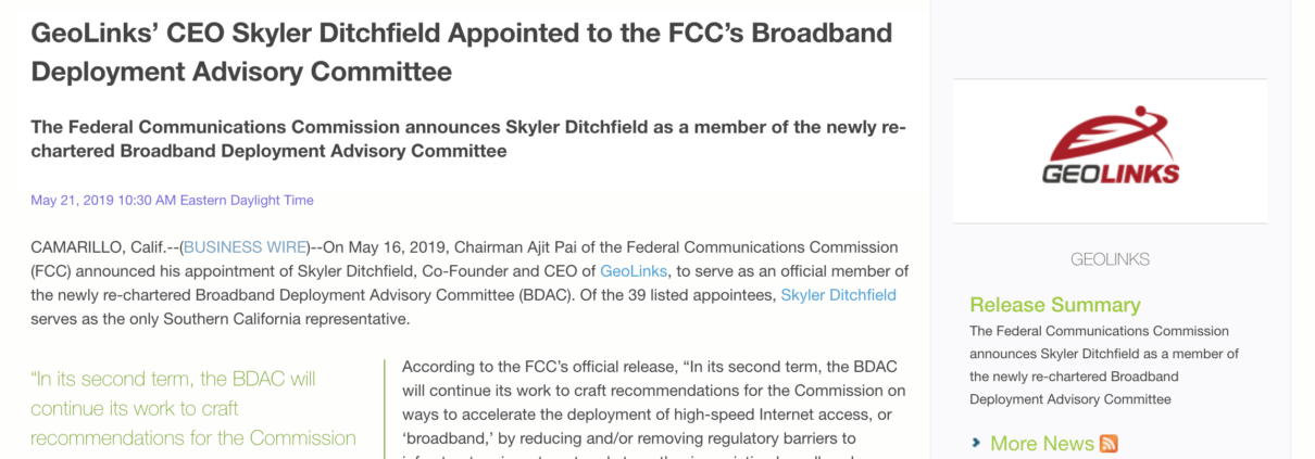 GeoLinks’ CEO Skyler Ditchfield Appointed to the FCC’s Broadband Deployment Advisory Committee